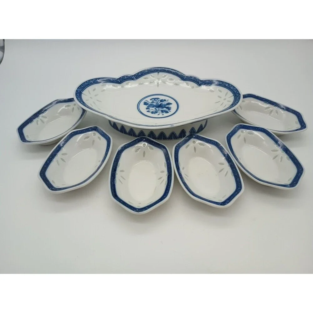 Vtg Rice Grain Sushi Tray & 6 Soy Wasabi Dipping Dishes Restaurant Ware